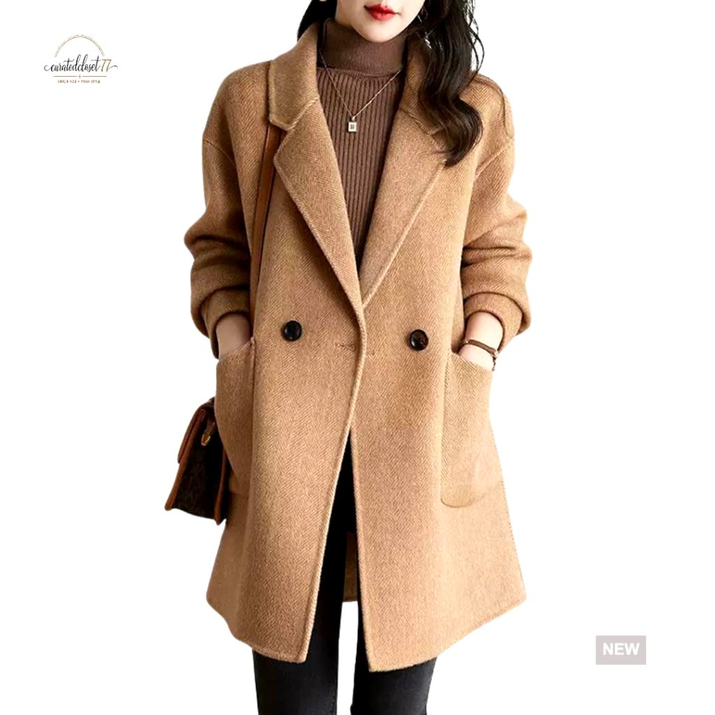 Herringbone Wool Pea Coat Double Breasted Notch Lapel Formal Office Wear